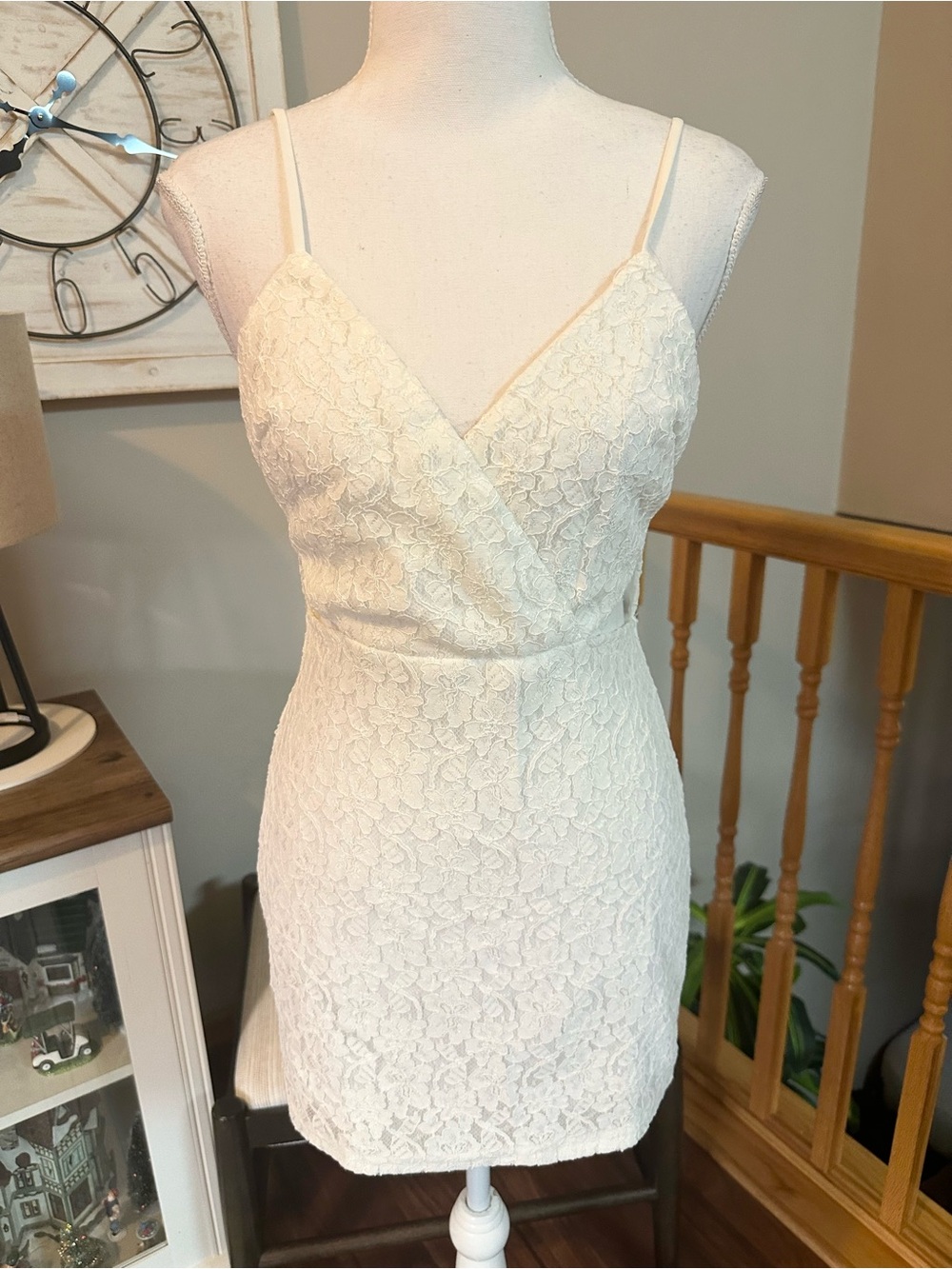 Line and Dot Lace V-Neck Spaghetti Strap Mini Dress in Cream